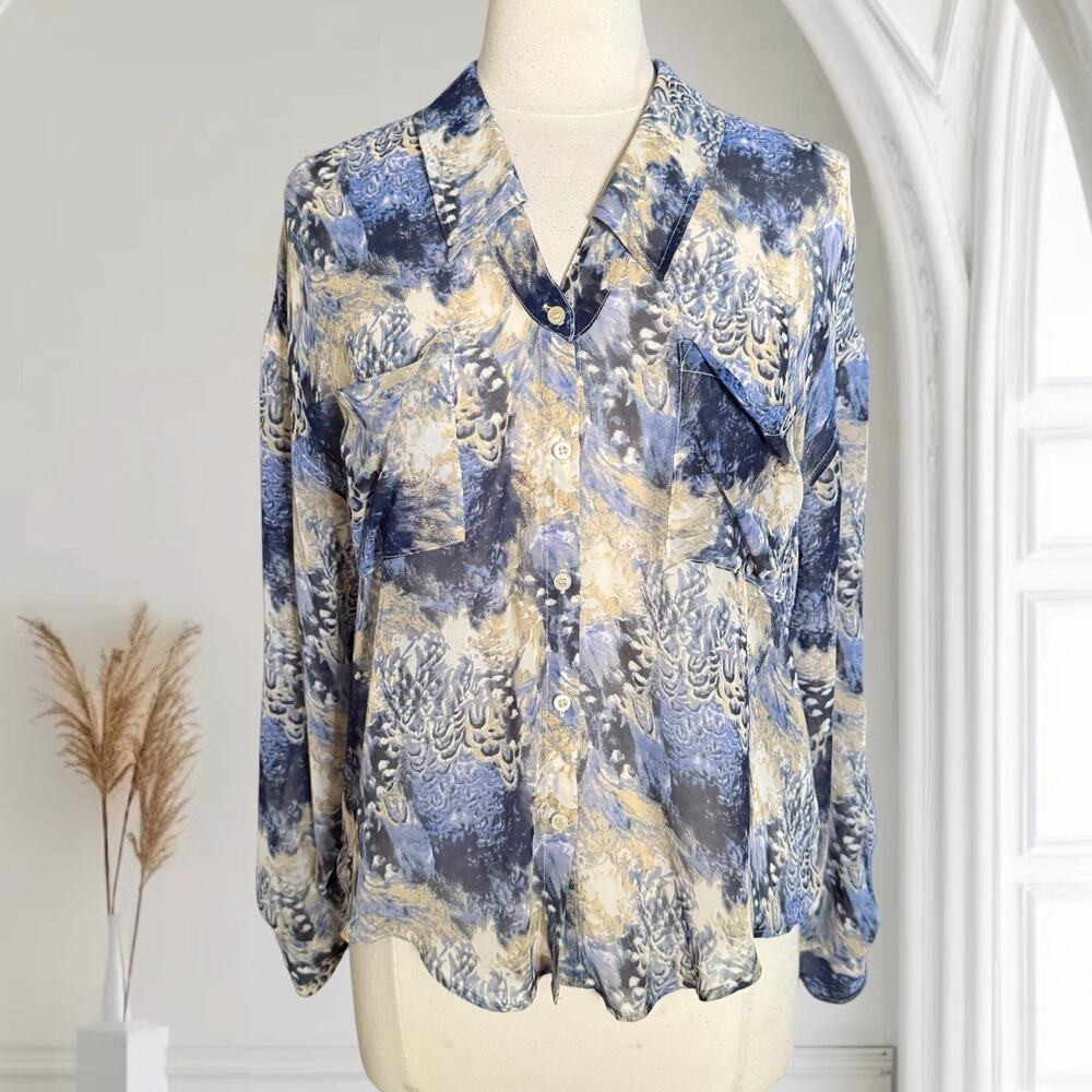 Free People Sheer Art to Wear Blouse Top Sz S HiLo Denim Blues Abstract Print